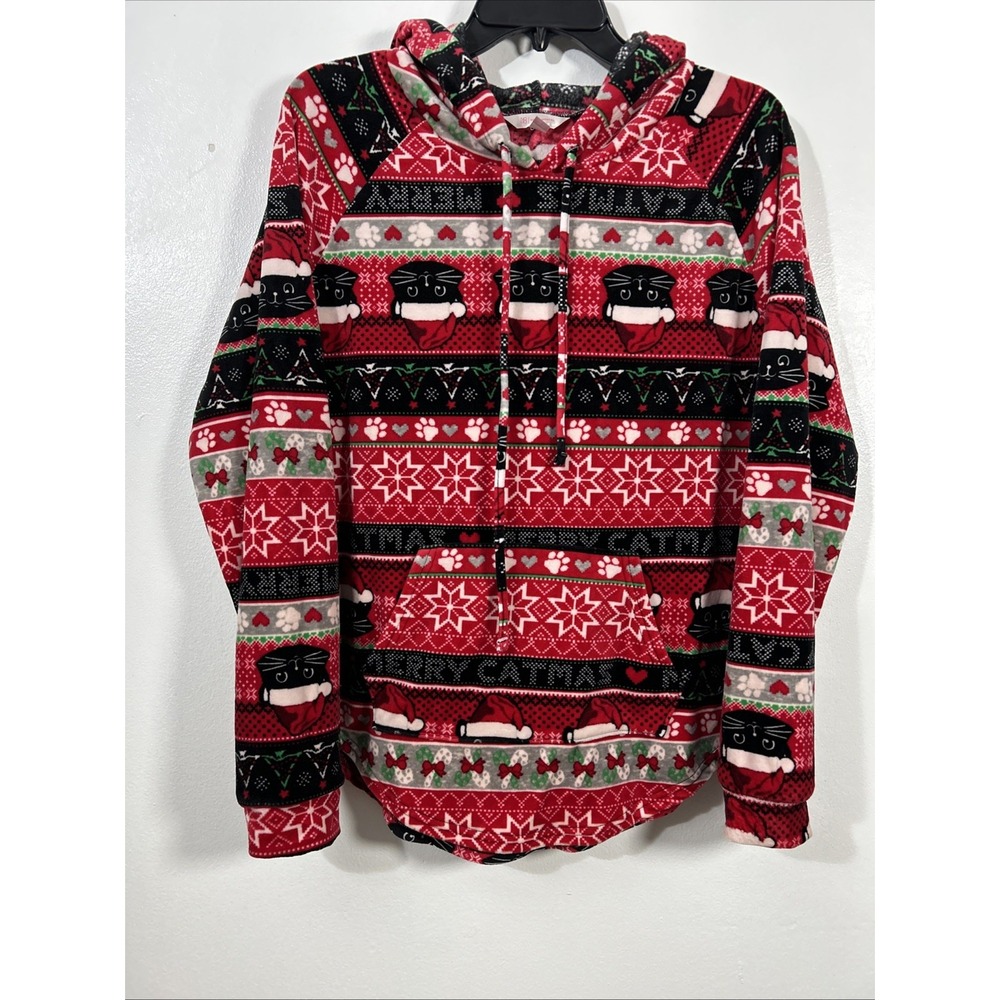 No Boundaries Junior XL 15/17 Red Hoodie Pocket Merry Catmas Cat Holiday 6449 - Picture 4 of 9